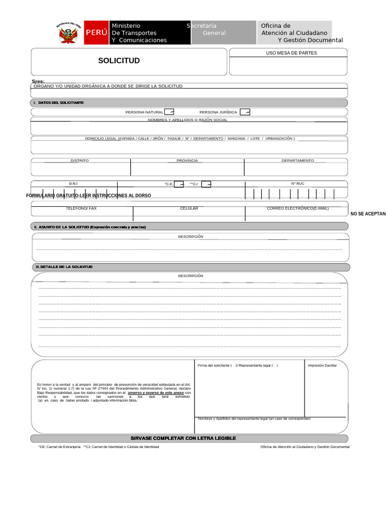 Formulario de Solicitud MTC | PDF