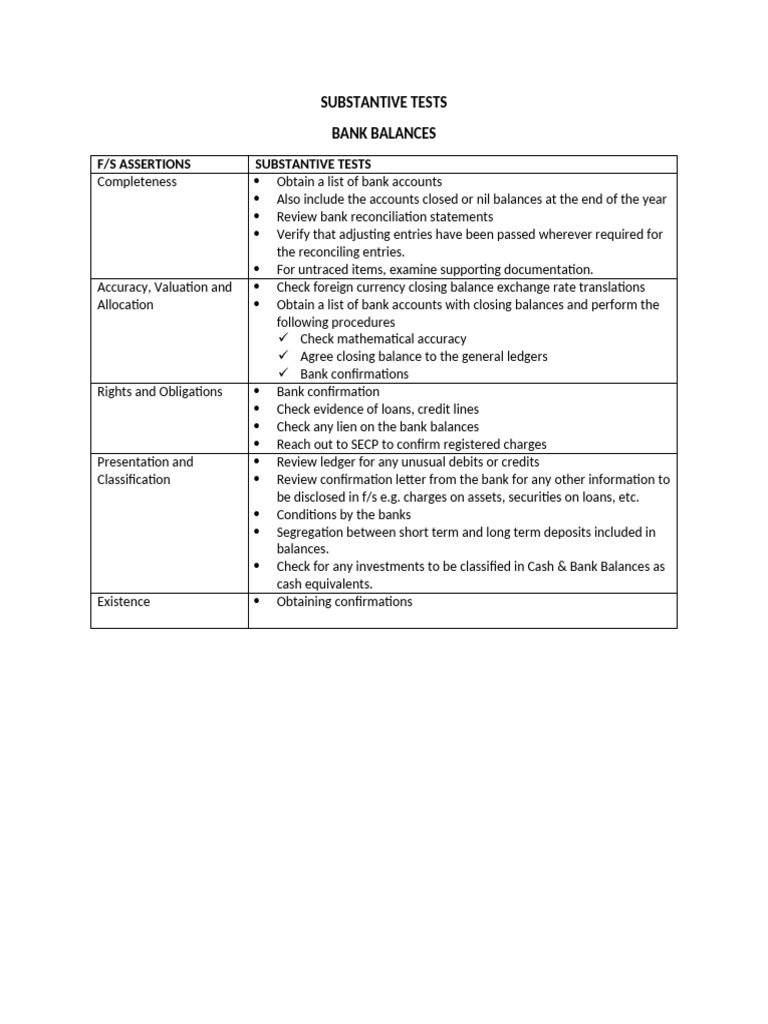 Bank Balance Substantive Tests Guide | PDF