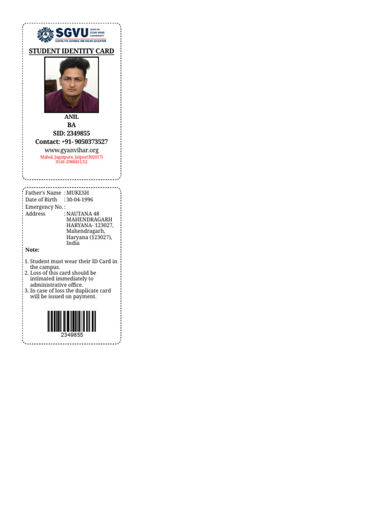 Student Identity Card Details | PDF