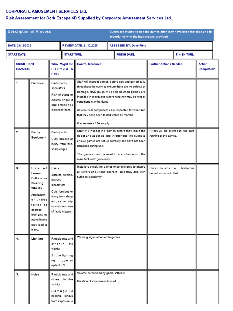 Risk Assessment Dark Escape 4D | PDF | Tinnitus | Safety
