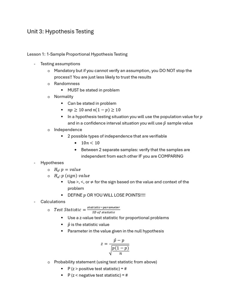 Unit 3 Hypothesis Testing Overview | PDF
