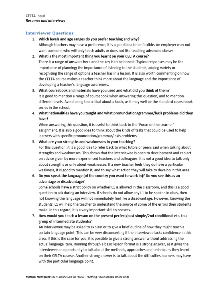CELTA Interview Preparation Guide | PDF | Teachers | Learning