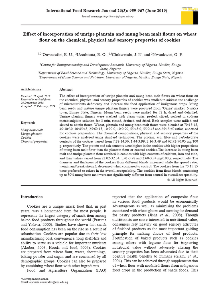 Effect of Incorporation of Unripe Plantain and Mung Bean Malt Flours On ...