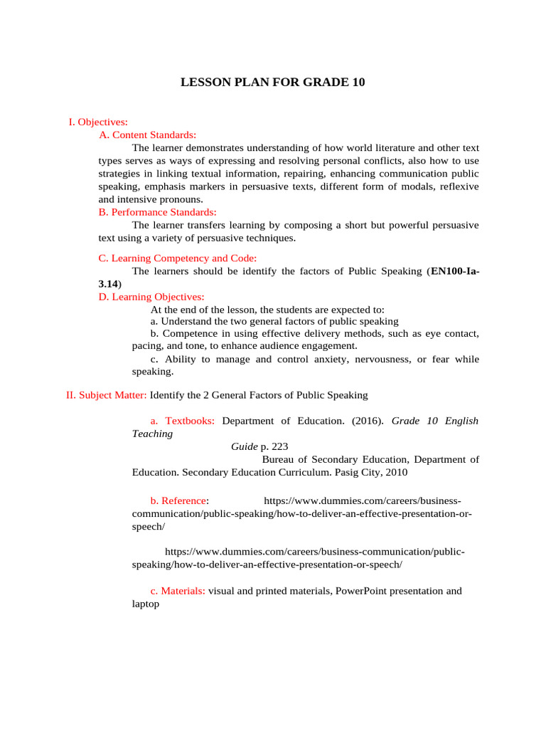 Grade 10 Public Speaking Lesson Plan | PDF | Nonverbal Communication ...