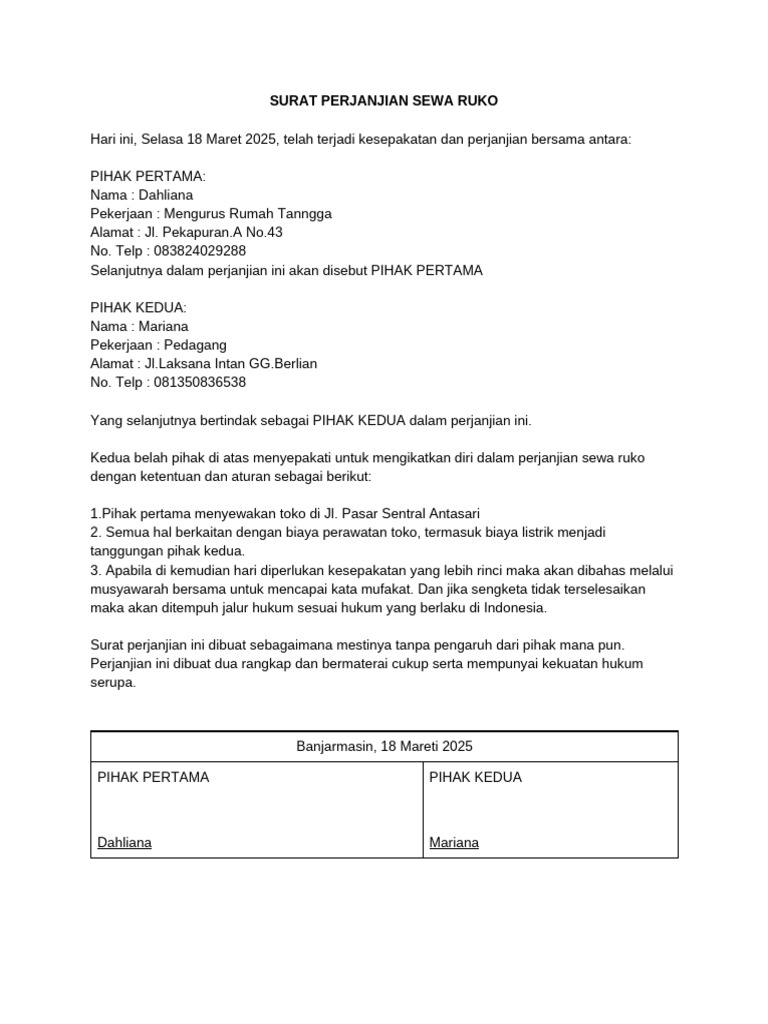 Perjanjian Sewa Ruko Antasari 2025 | PDF