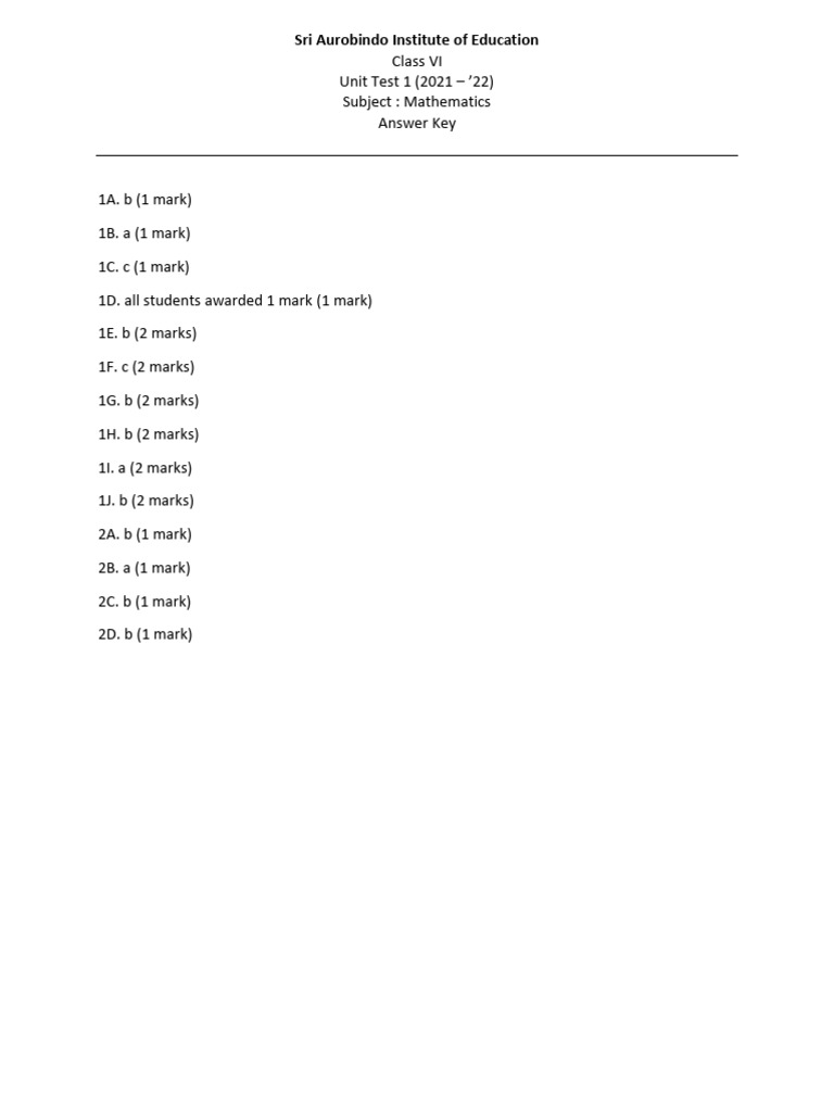 SAIE Class 6 Maths Unit Test 1 Answer Key | PDF