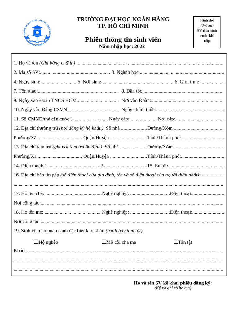 Phieu Thong Tin Sinh Vien | PDF