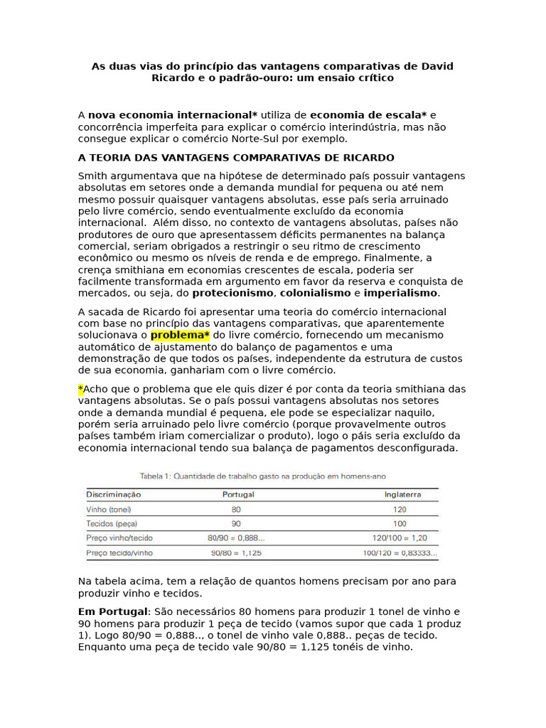 As Duas Vias Do Princípio Das Vantagens Comparativas de David Ricardo e ...
