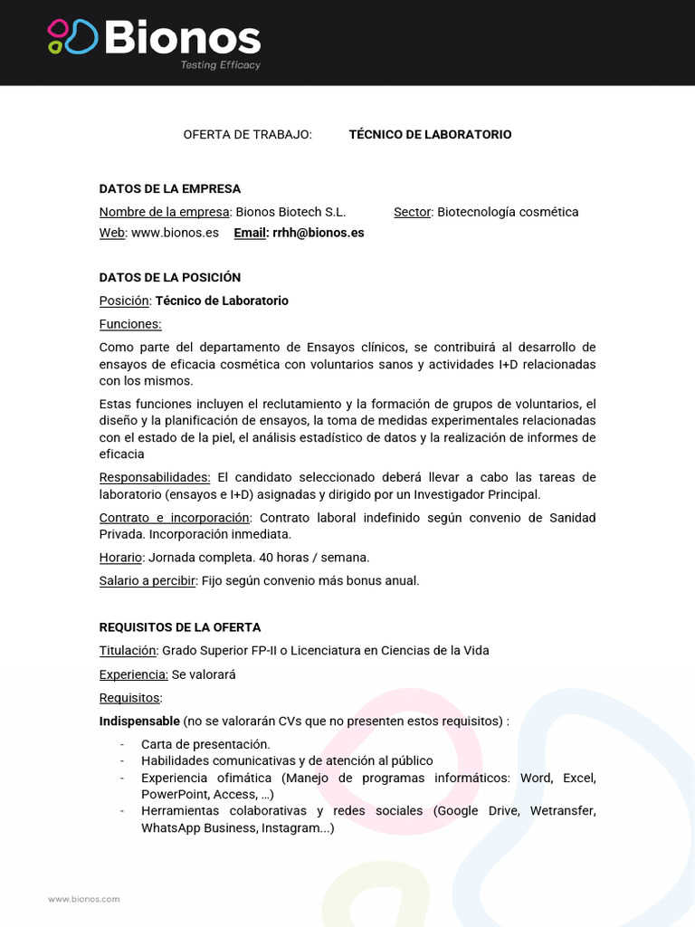 0 - Oferta de Trabajo en Bionos Técnico de Laboratorio Oct. 2022 ...