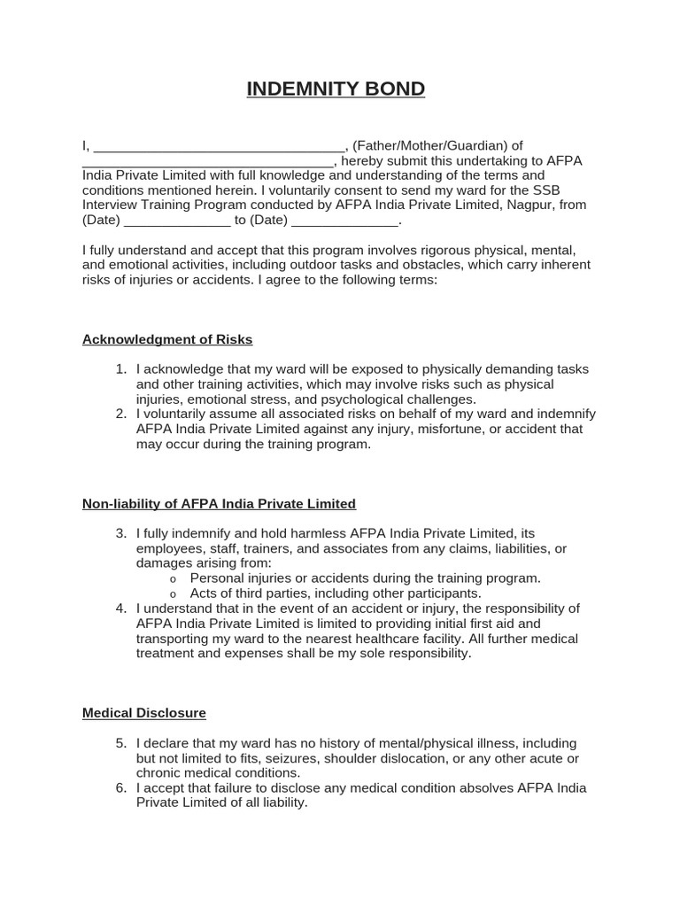 Indemnity Bond for AFPA Training | PDF | Indemnity | Private Law