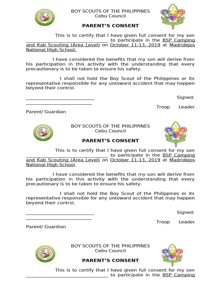 Parent Consent for BSP Camping Event | PDF | Scouting And Guiding ...