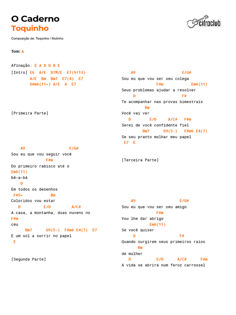 Cifras e Letra: O Caderno - Toquinho | PDF