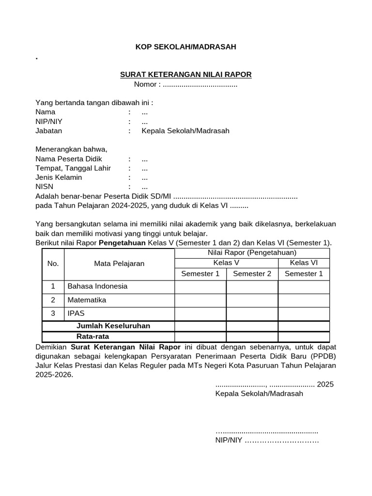 Surat Keterangan Nilai Rapor SD 2025 | PDF