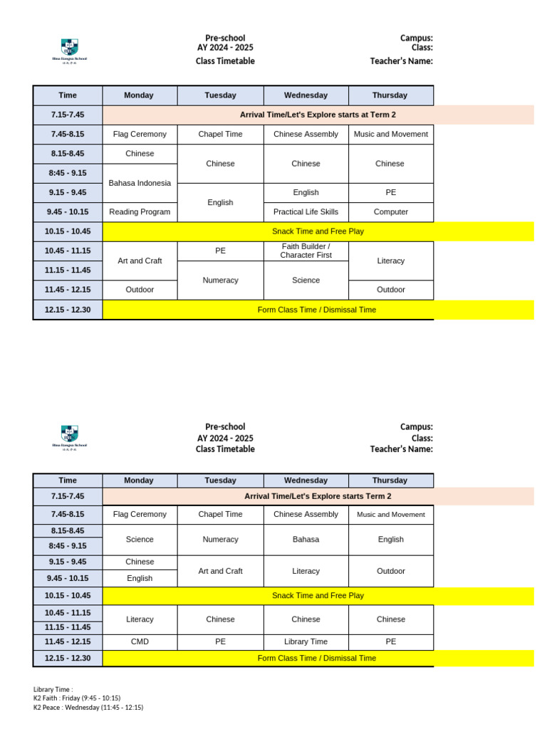 Pre-School Timetable AY 2024-2025 | PDF | Preschool | Cognitive Science