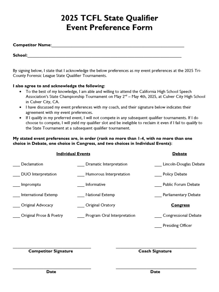 2025 TCFL Event Preference Form | PDF | Public Speaking | Speech