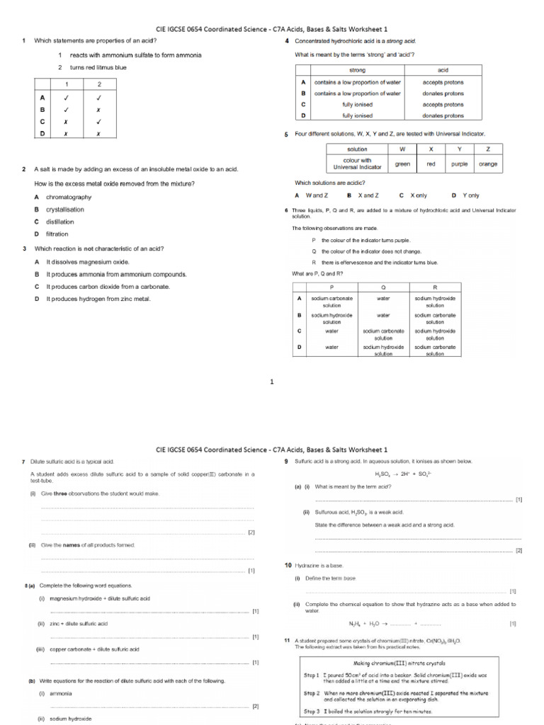 C7A Acids, Bases & Salts Worksheet QP | PDF