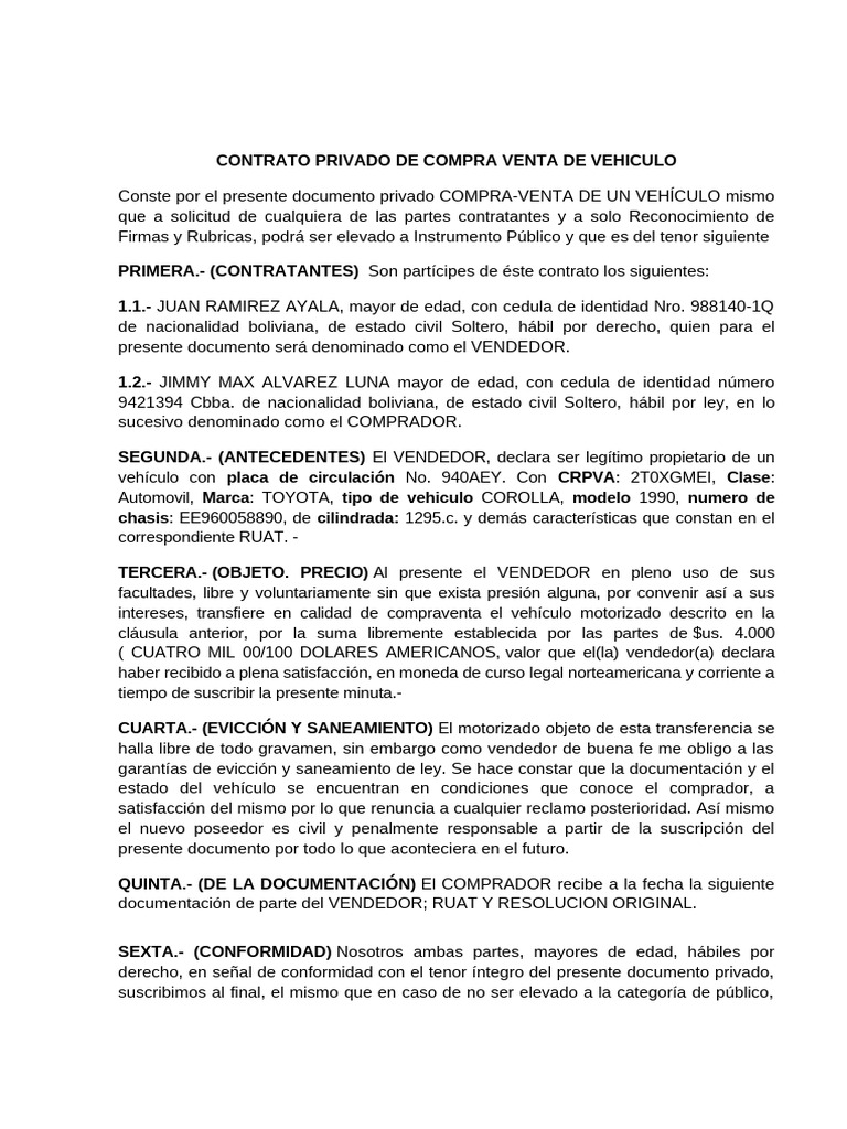Contrato de Compra Venta de Vehículo | PDF