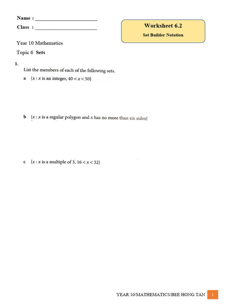 Set Builder Notation Worksheet 6.2 | PDF
