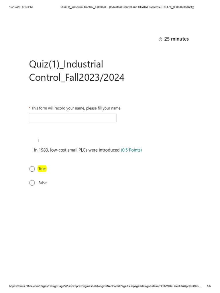 Industrial Control Quiz Fall 2023 | PDF | Programmable Logic Controller ...