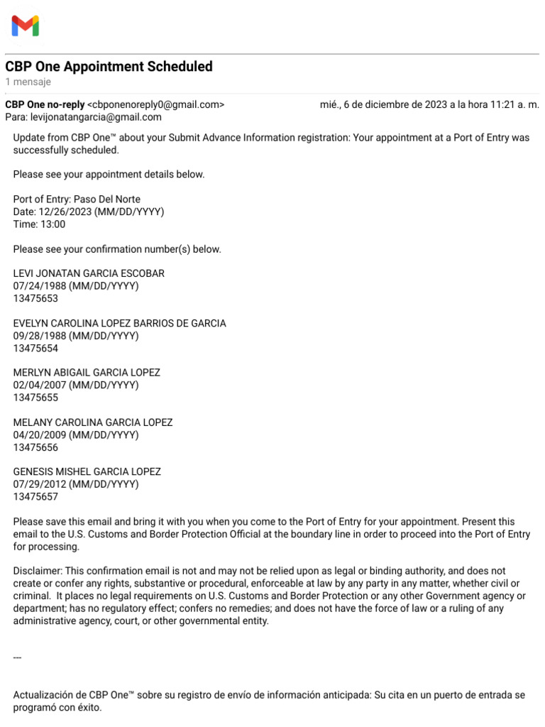 Gmail - CBP One Appointment Scheduled (1) | PDF | Separación de poderes ...