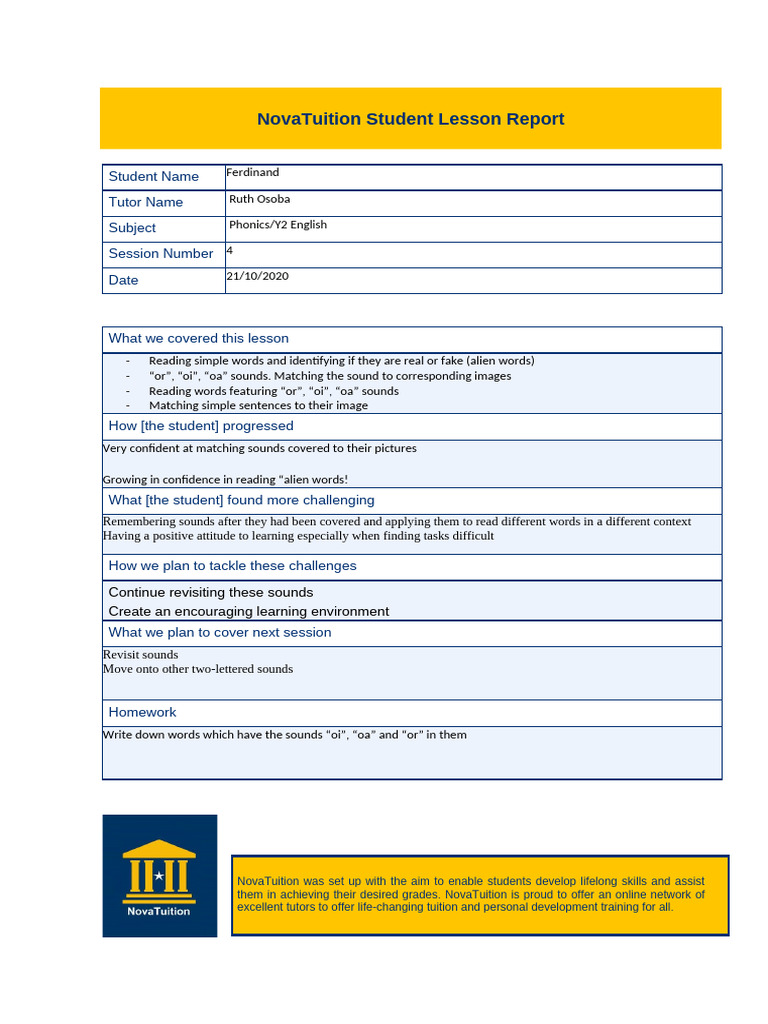 Phonics Lesson Report for Y2 Student | PDF | Homework | Cognitive Science