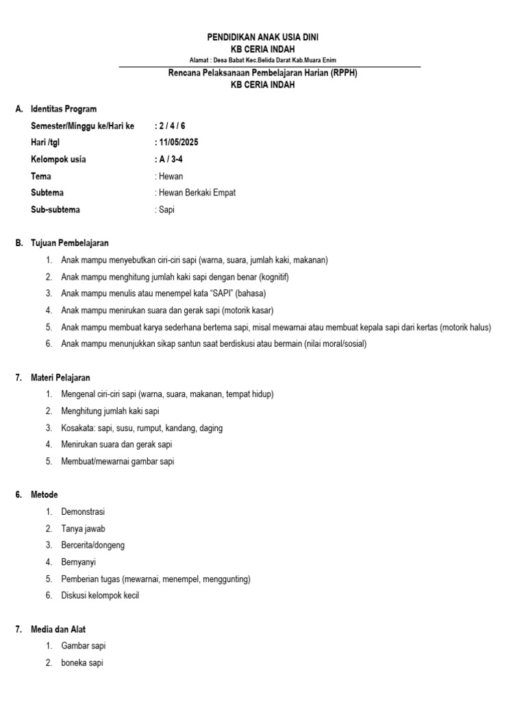 RPPH Tema Hewan: Sapi untuk Anak Usia Dini | PDF