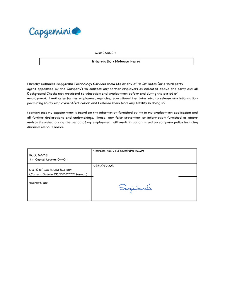 Capgemini IRF Authorization Form | PDF