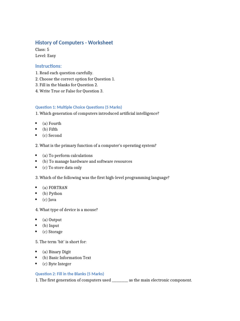History of Computers Worksheet Class 5 | PDF