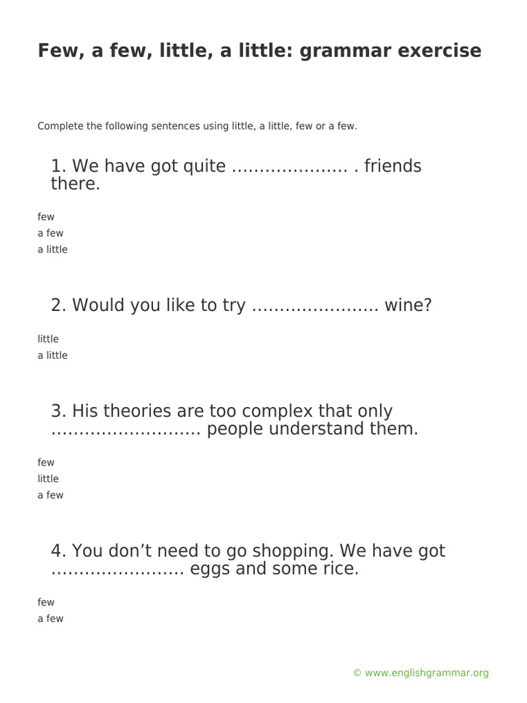 Few A Few Little A Little Grammar Exercise Pdf