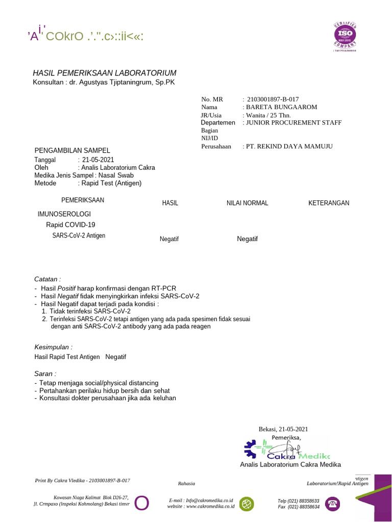 Hasil Rapid Test COVID-19 Negatif | PDF