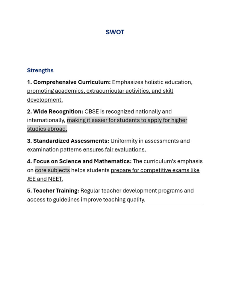 CBSE SWOT Analysis and Recommendations | PDF | Schools | Teachers