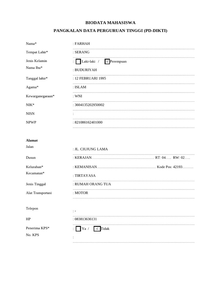 Form Biodata Lapor Diri PDPT PD Dikti | PDF