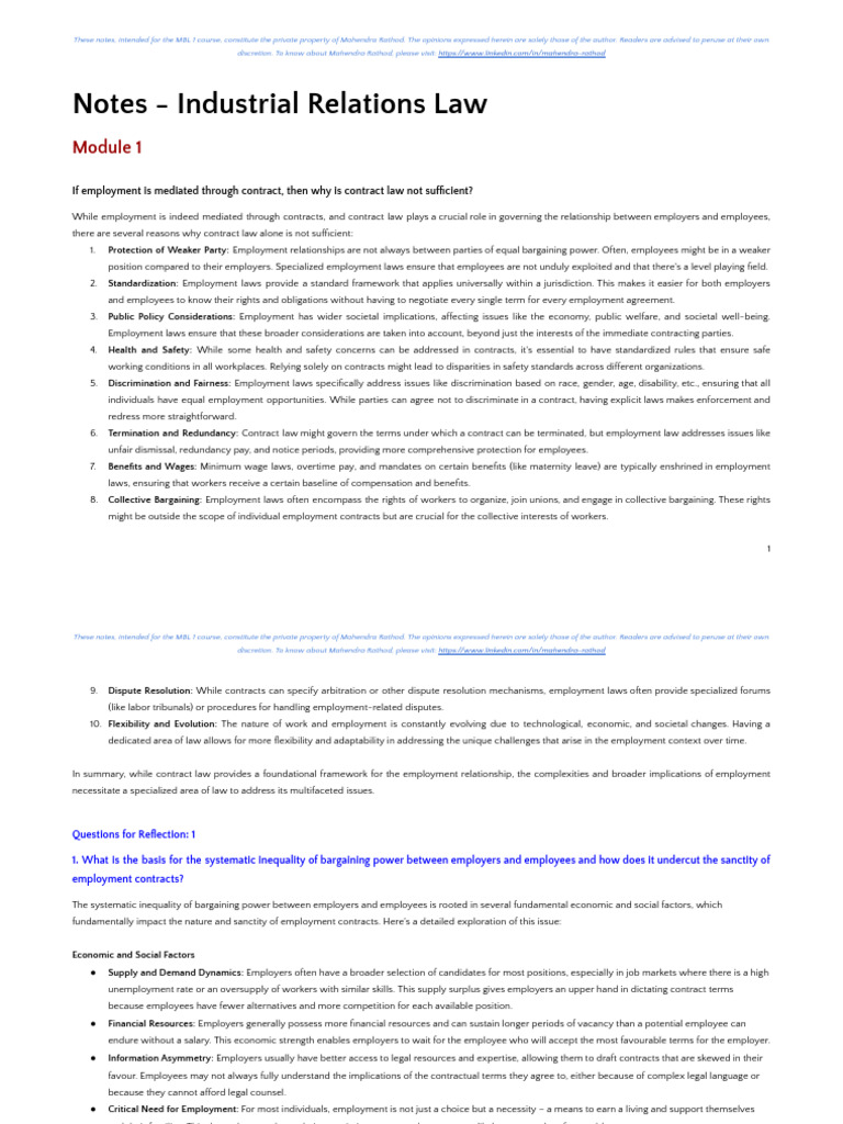 Notes - Industrial Relations Law | PDF | Employment | Labour Law
