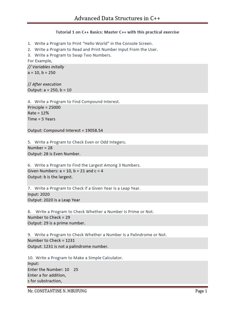 Tutorial 1 On C++ - Advanced Data Structures | PDF | String (Computer ...