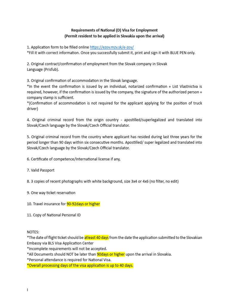 National (D) Visa Requirements for Slovakia | PDF