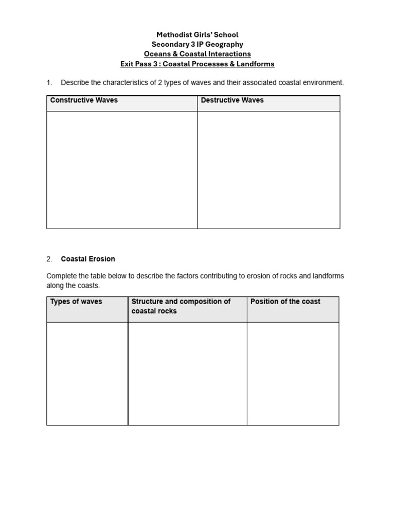 Exit Pass 3 - Coastal Processes & Landforms | PDF