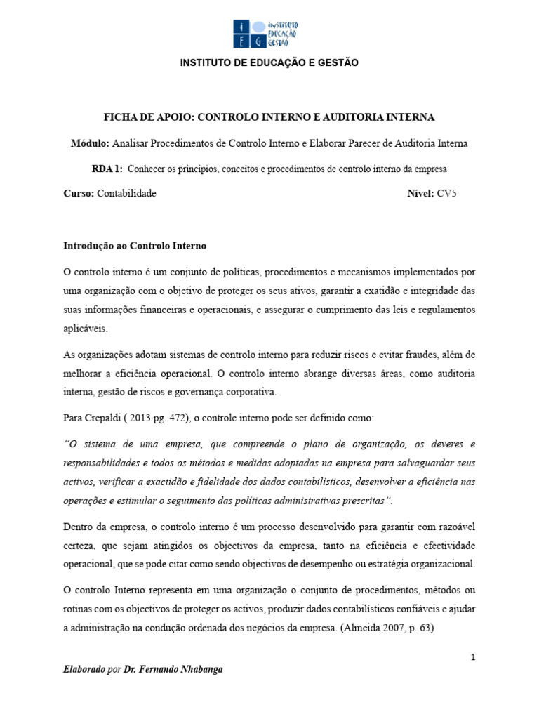 Controle Interno e Auditoria Interna | PDF | Auditoria interna ...
