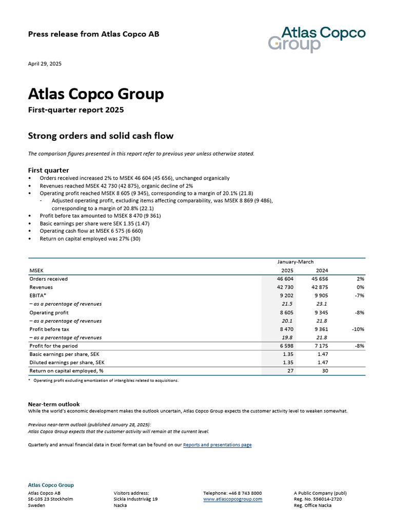 Atlas Copco Q1 2025 Financial Overview | PDF | Risk Management | Risk