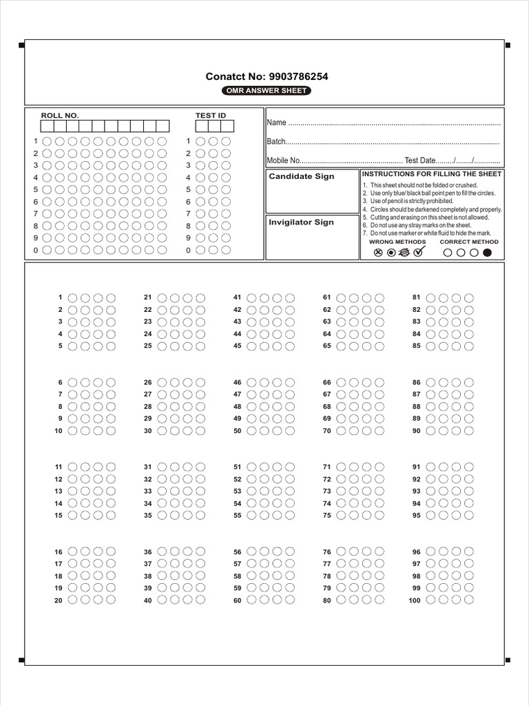 100 Question OMR Answer Sheet PDF | PDF | Office Equipment | Optical ...