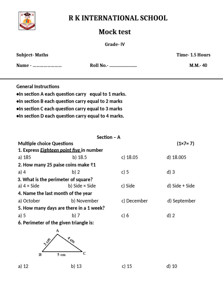 Grade IV Maths Mock Test Paper | PDF | Length | Mathematics