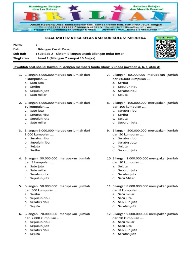 Soal Bilangan Cacah Kelas 4 SD | PDF