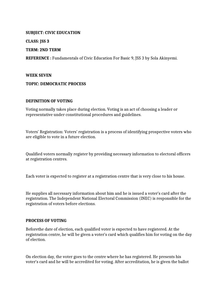 Understanding Voting in Civic Education JSS3 | PDF | Voting | Elections