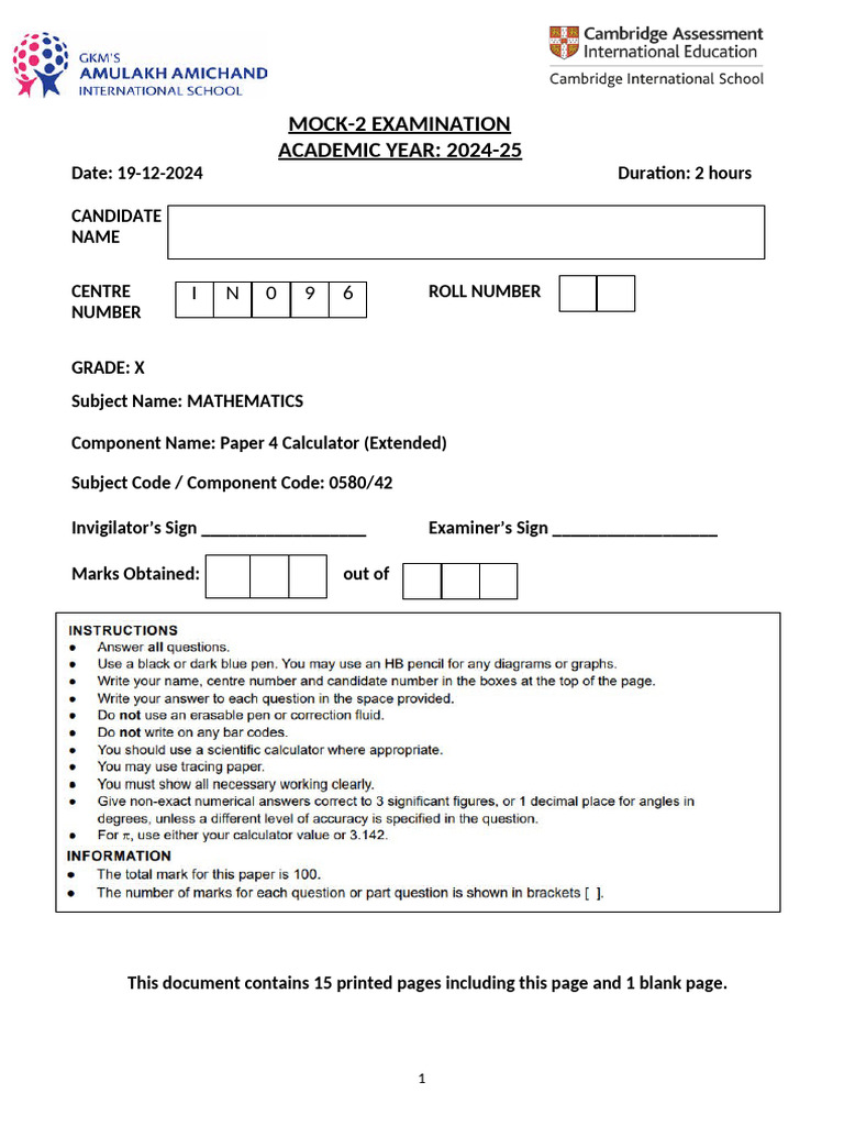 Mock Mathematics Exam Paper 2024-25 | PDF