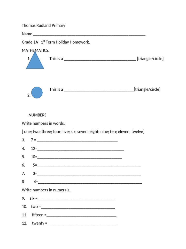 Grade !a - Holiday - Homework - Maths - 2025 | PDF
