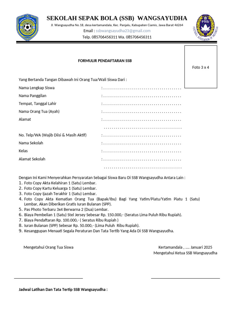 Formulir Pendaftaran SSB Wangsayudha | PDF