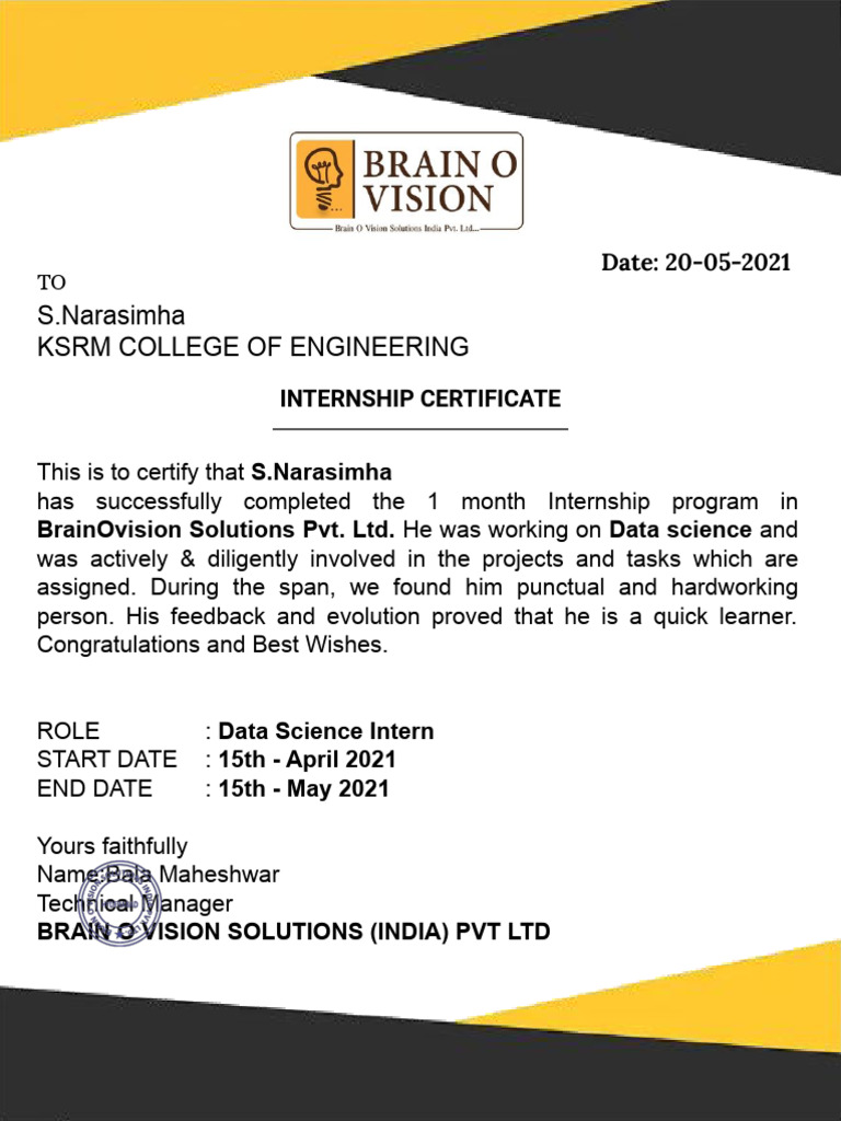 Data Science Internship Certificate | PDF