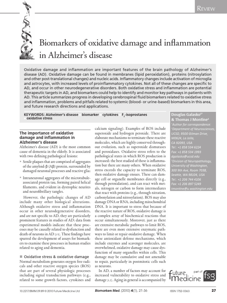 Biomarkers of Oxidative Damage and Inflammation in Alzheimer's Disease ...