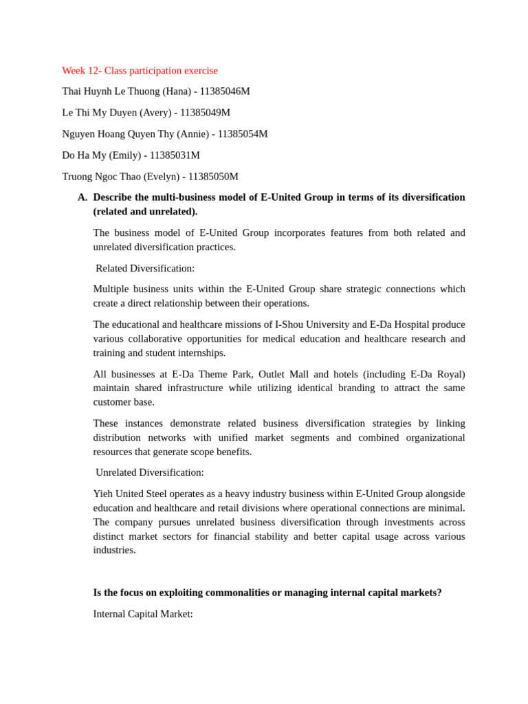 Week 12 Class Participation Exercise Pdf Business Economies