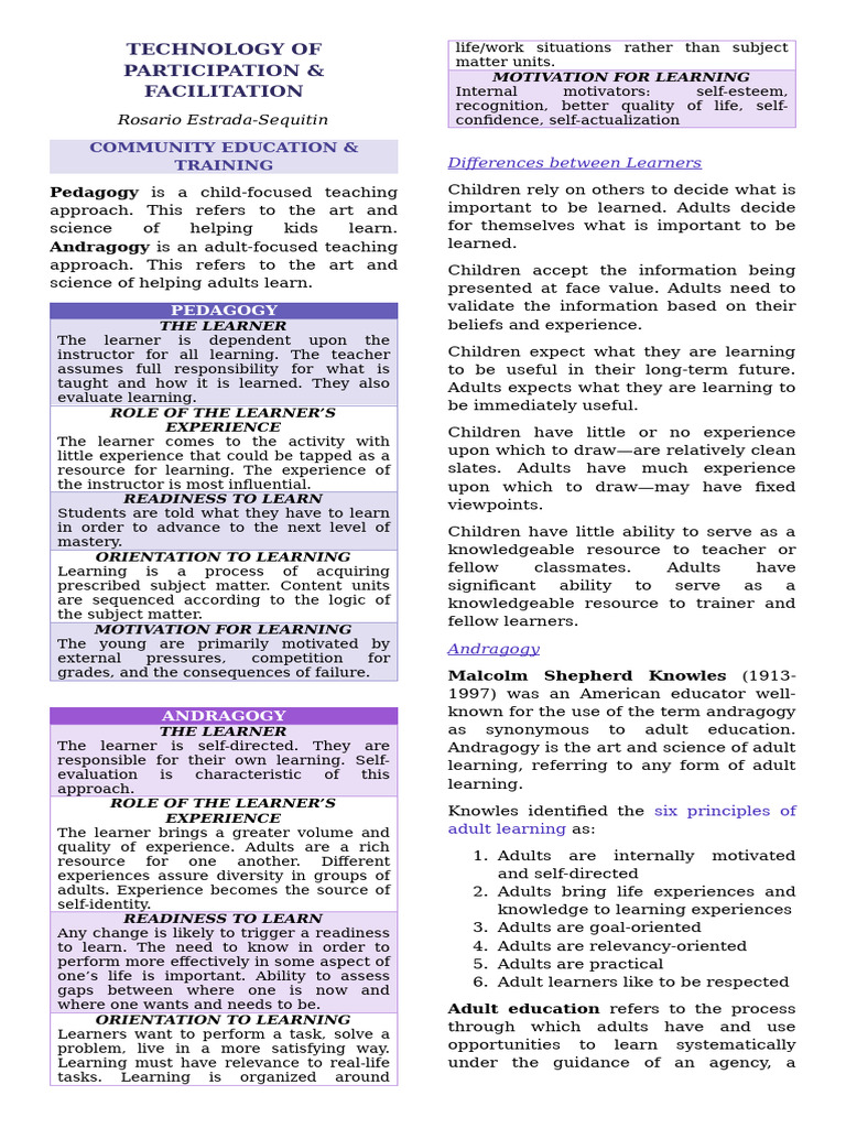 Pedagogy vs. Andragogy in Education | PDF | Learning | Adult Education