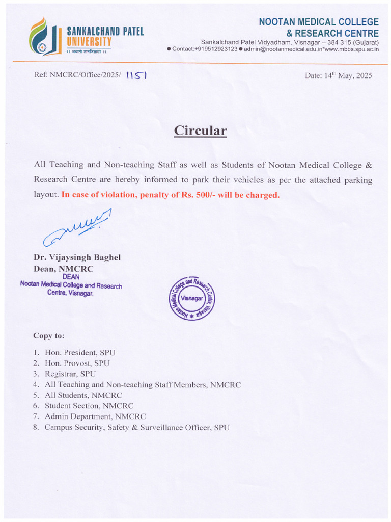NMCRC - Circular Regarding Vehicle Parking | PDF